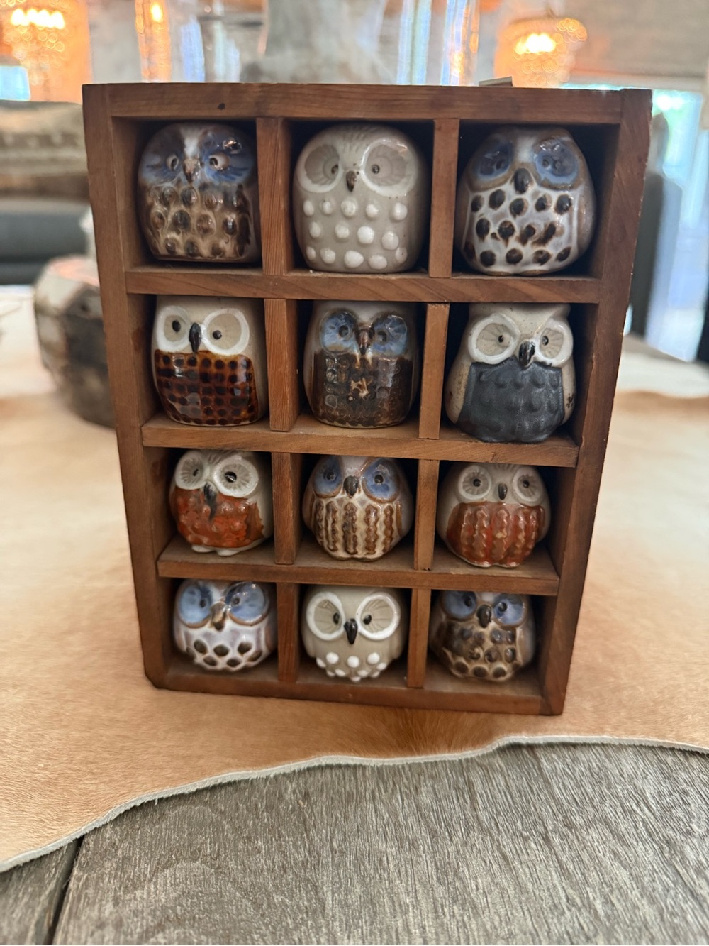 Vintage Collectible Set of 12 Pottery Owl Figurines in Wood Display Shelf